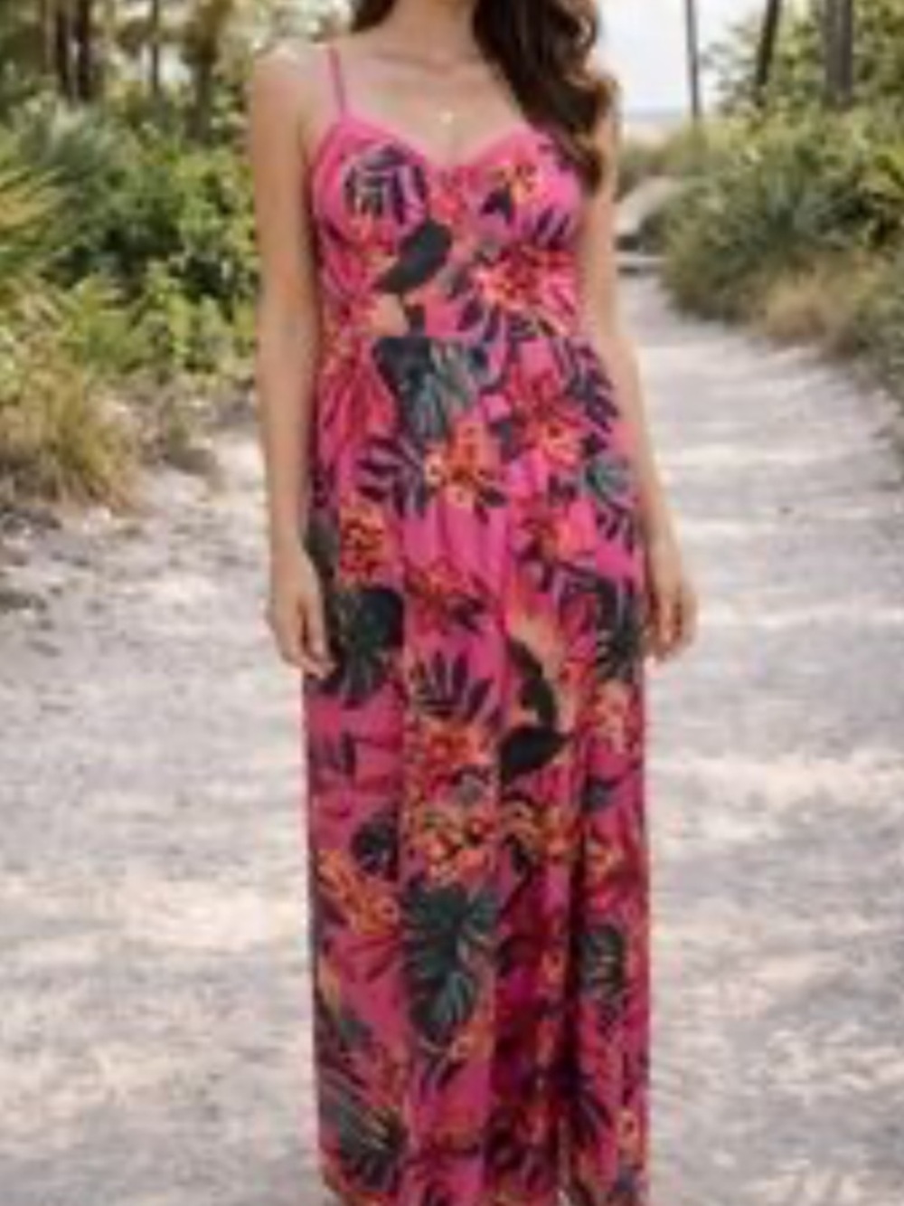 BAND OF THE FREE Tropical Pink Floral Spaghetti-Strap Maxi Dress